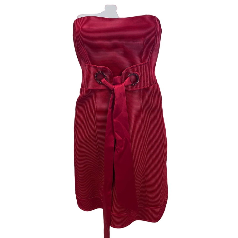 Nanette Lepore Strapless Cocktail Dress Crimson Red Ribbon Tie Waist 2